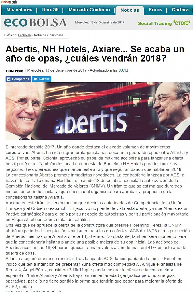 Abertis, NH Hotels, Axiare... Se acaba un ao de opas, cules vendrn 2018?